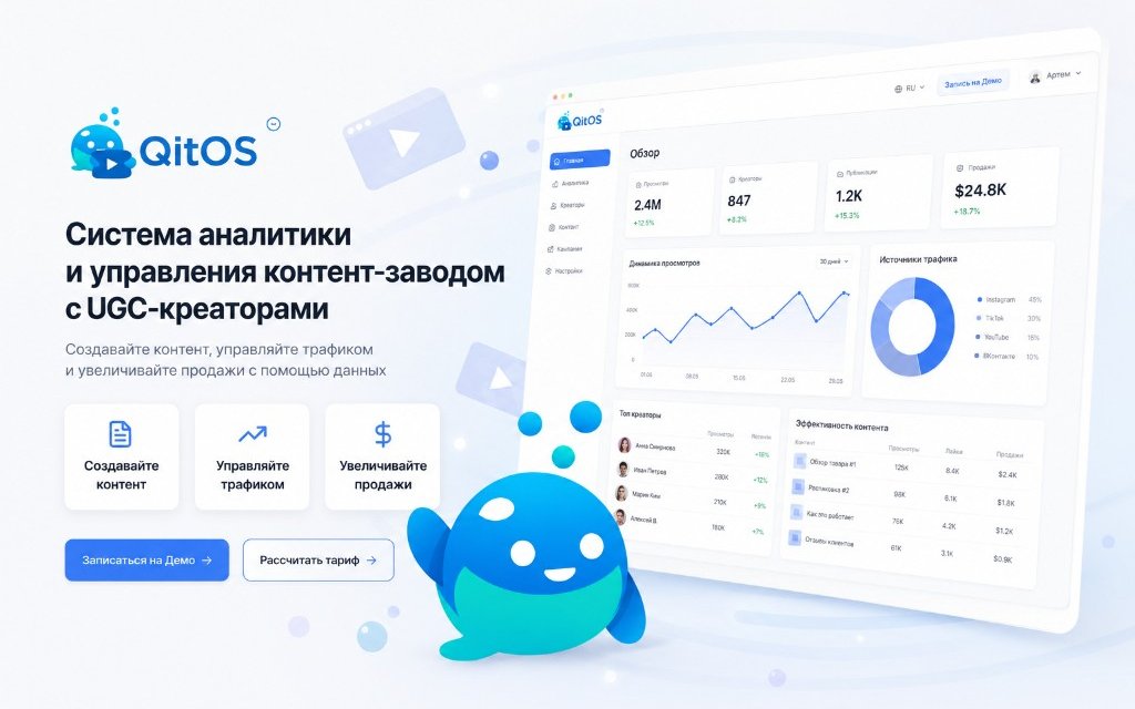 QitOS — лендинг и дашборд аналитики контент-завода с UGC-креаторами