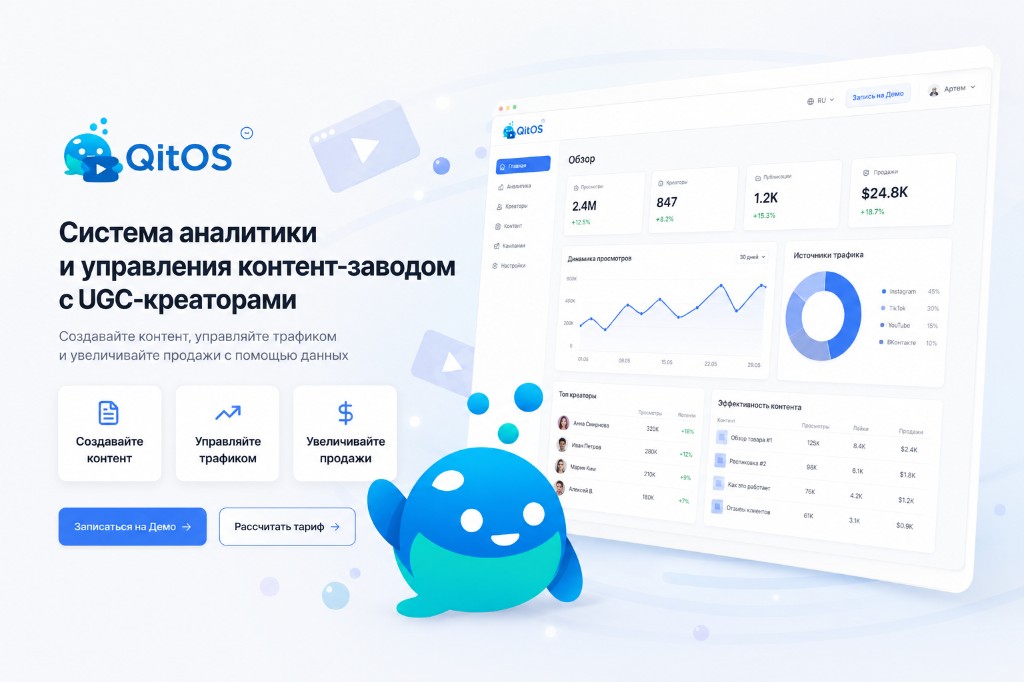 QitOS — лендинг и дашборд аналитики контент-завода с UGC-креаторами